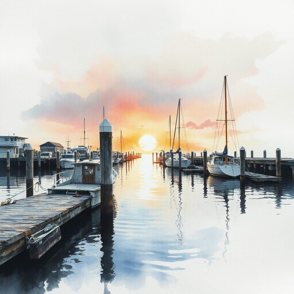 Tranquil Moonlit Harbor Wharf in Soft Pastel Watercolors