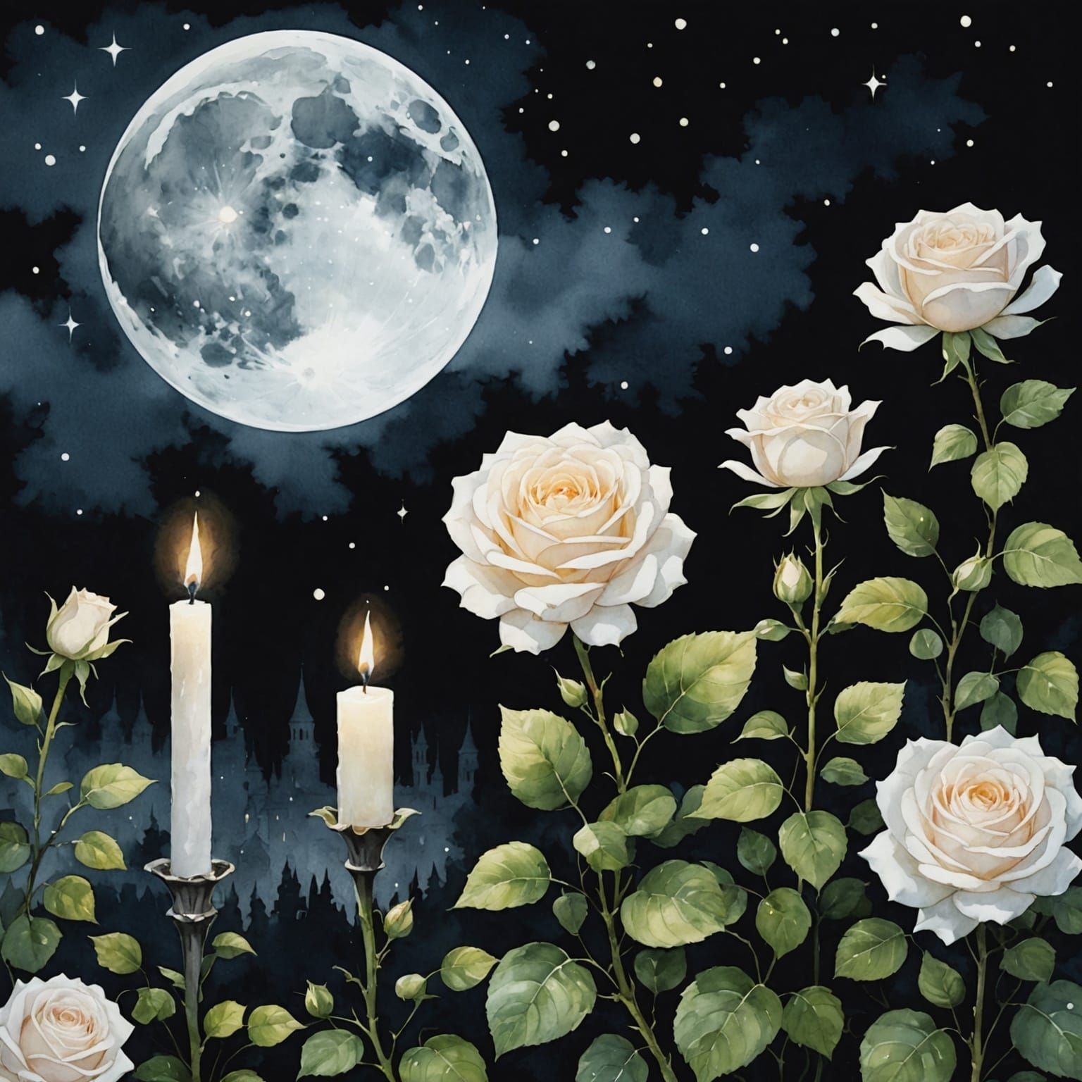 Night Rose Garden with Floating Candles in Anime Watercolor