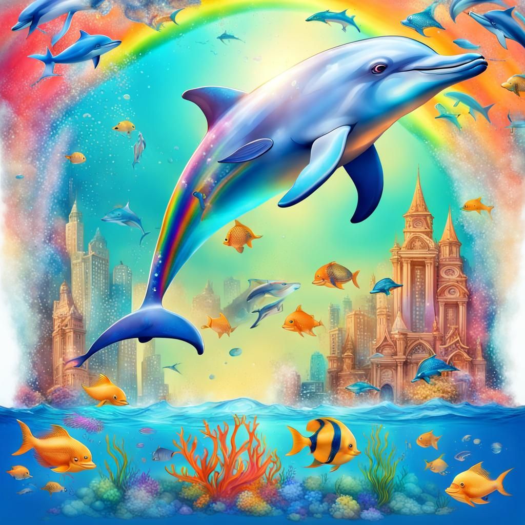 Dolphins in Underwater City with Mermaid