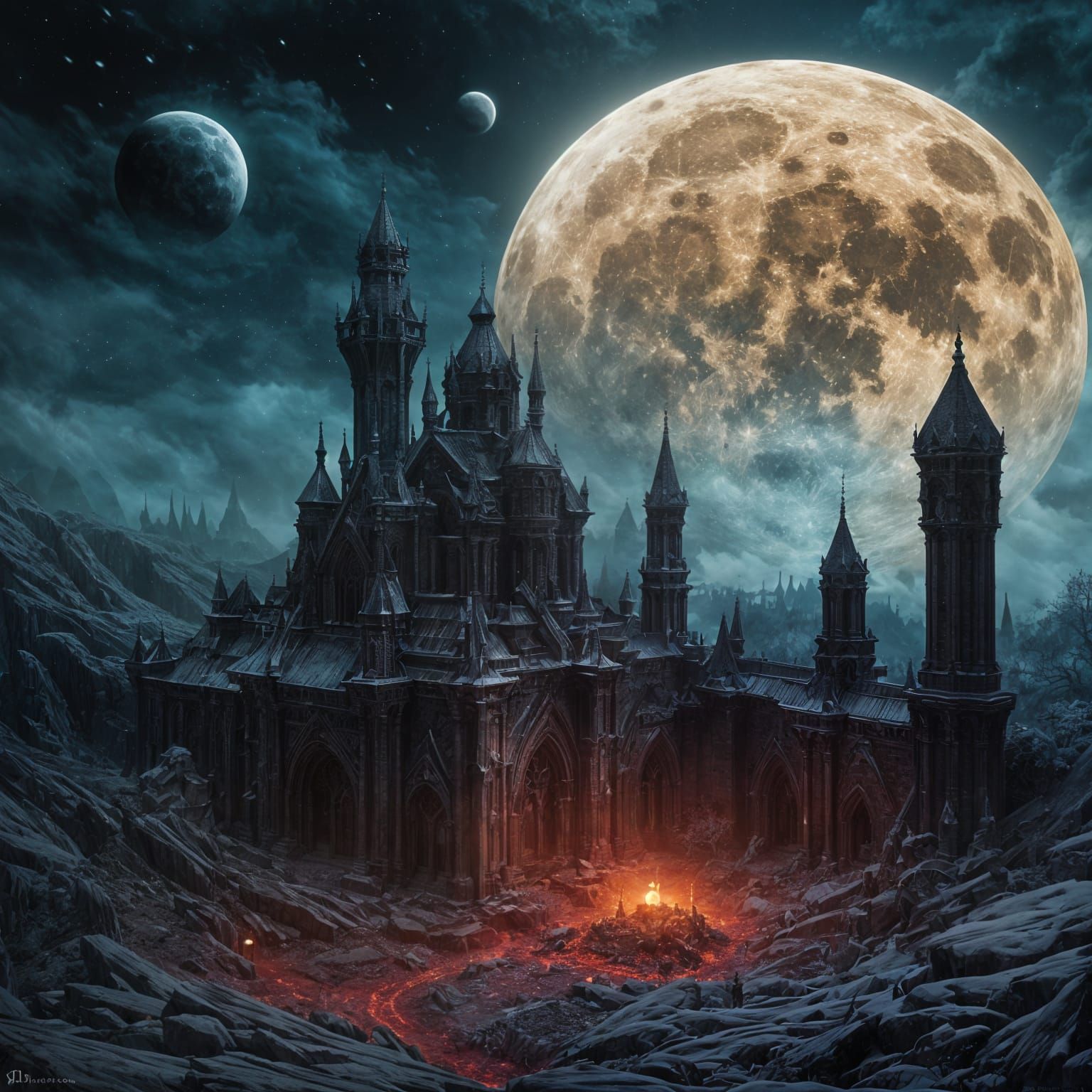 Gothic Throne Scene in Dark, Starlit Night