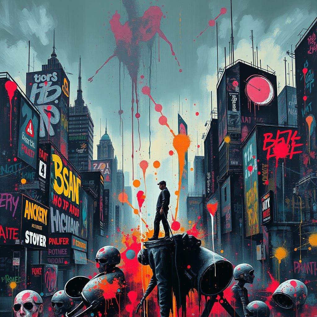 Oppressive Cityscape: A Figure Weighed Down in Graffiti Art
