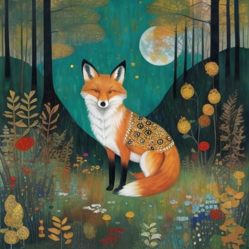 Autumn Fox in Forest Illustration with Gold Accents