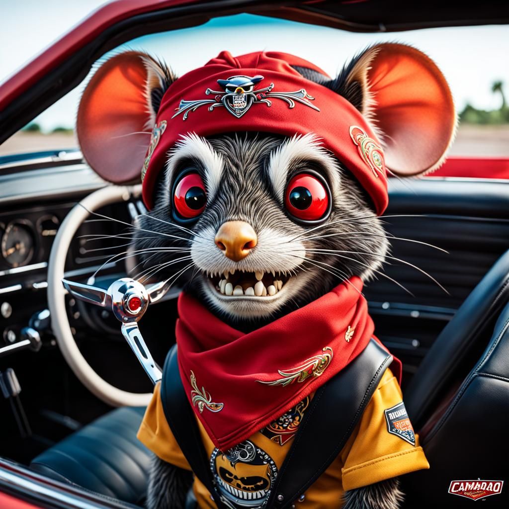 Cartoon Rat Fink Mouse in Red Camaro