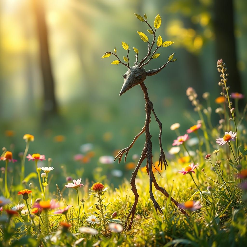 Whimsical Twig Creature in Vibrant Meadow