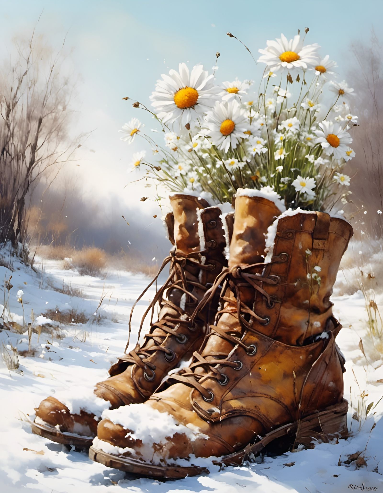 Blooming Winter Boots: An Oil Painting Still Life