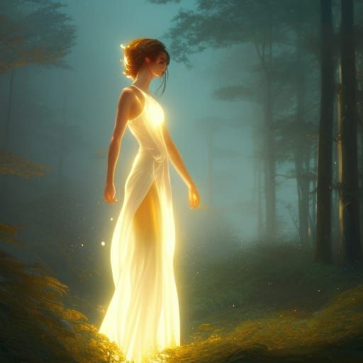 Woman in White Dress in Golden Forest, Art Nouveau