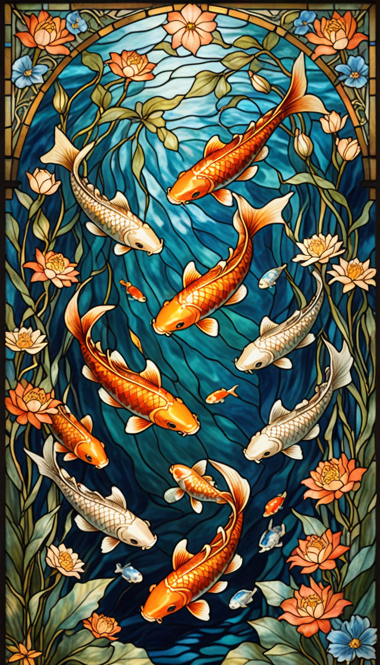 Vibrant Koi Pond in Intricate Stained Glass