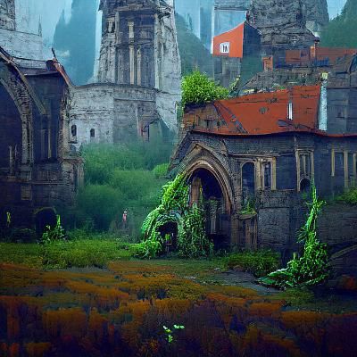 Overgrown Church and Castle Town in Matte Painting
