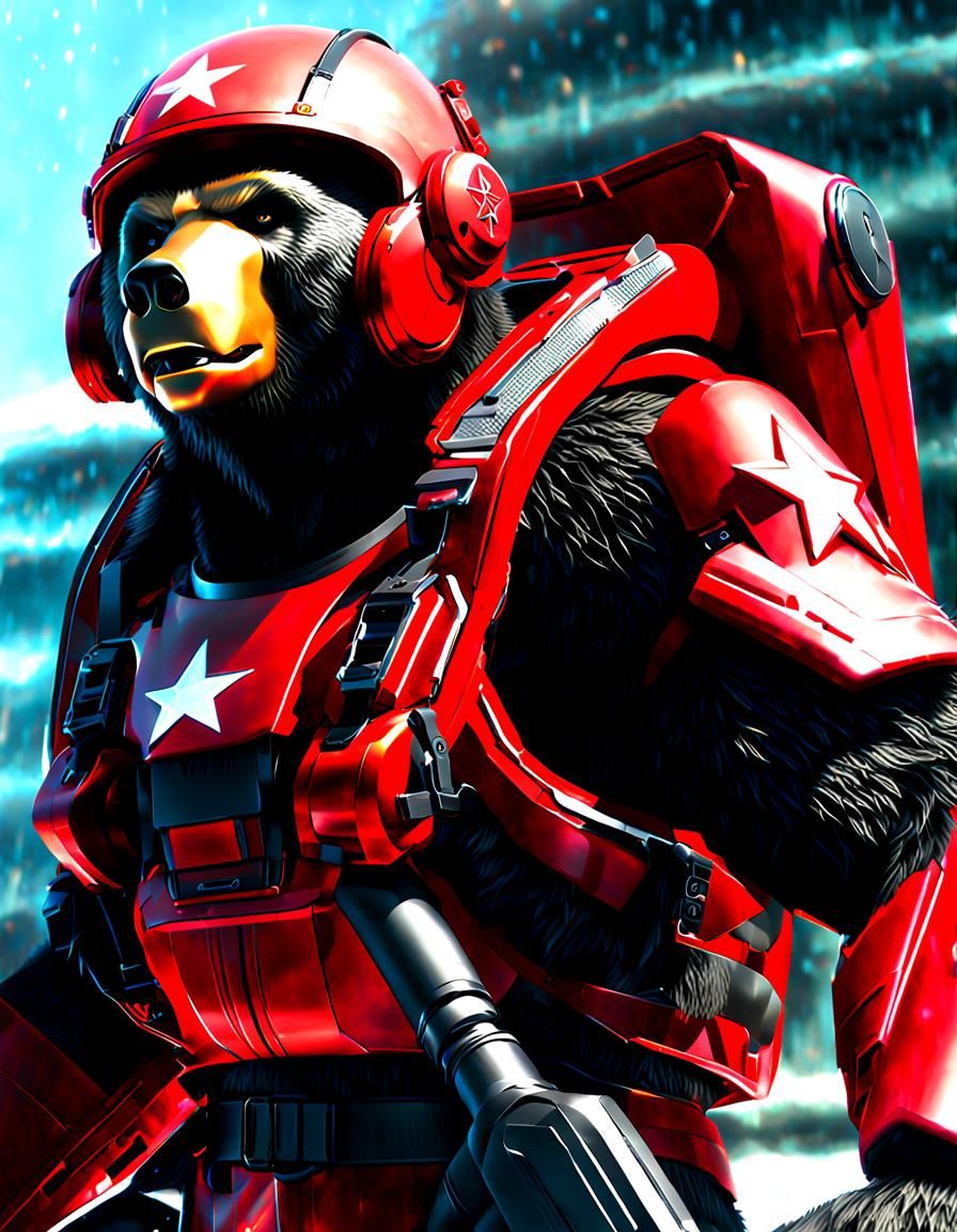 Futuristic War Bear Parachuting onto Battlefield