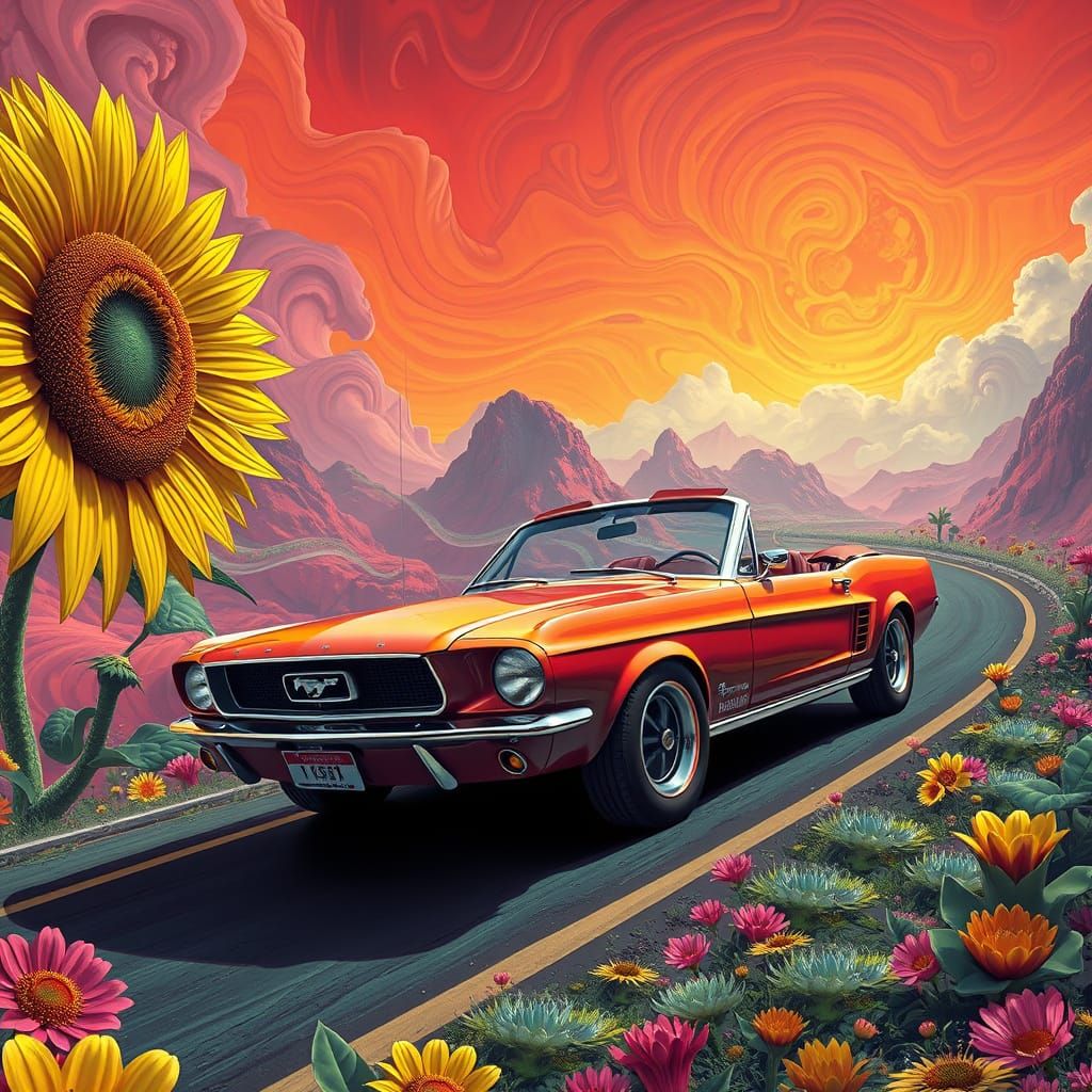 Psychedelic Landscape with Retro Mustang Convertible