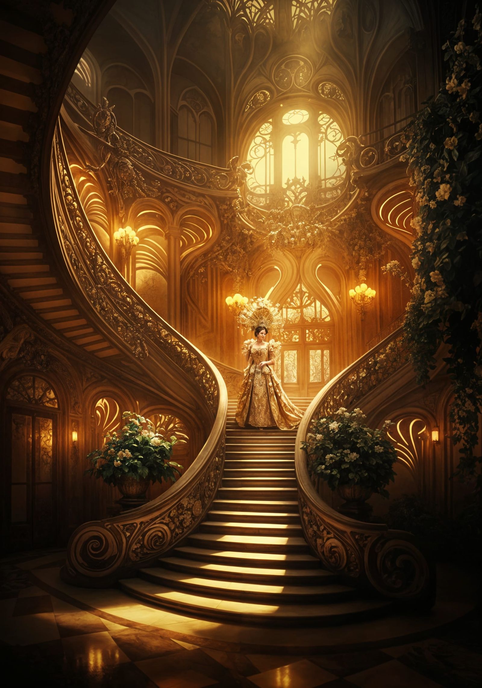 Art Nouveau Woman at Grand Staircase