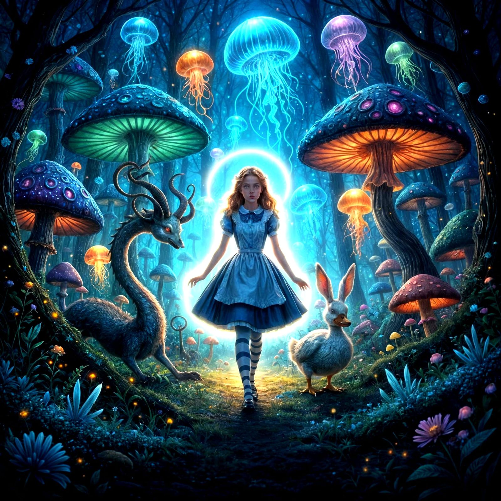 Alice in a Bioluminescent Mushroom Forest