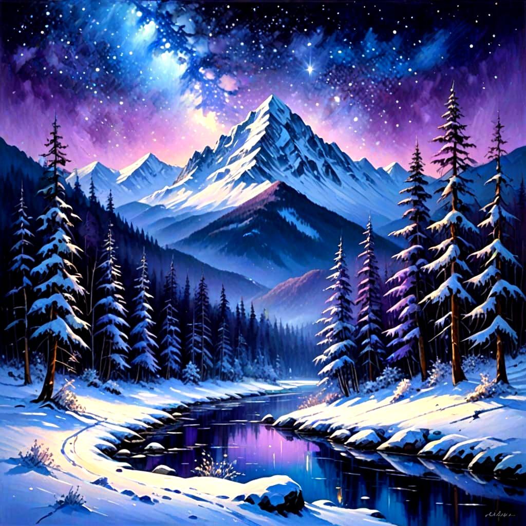 Dreamlike Snowy Forest Under Starry Sky Oil Painting
