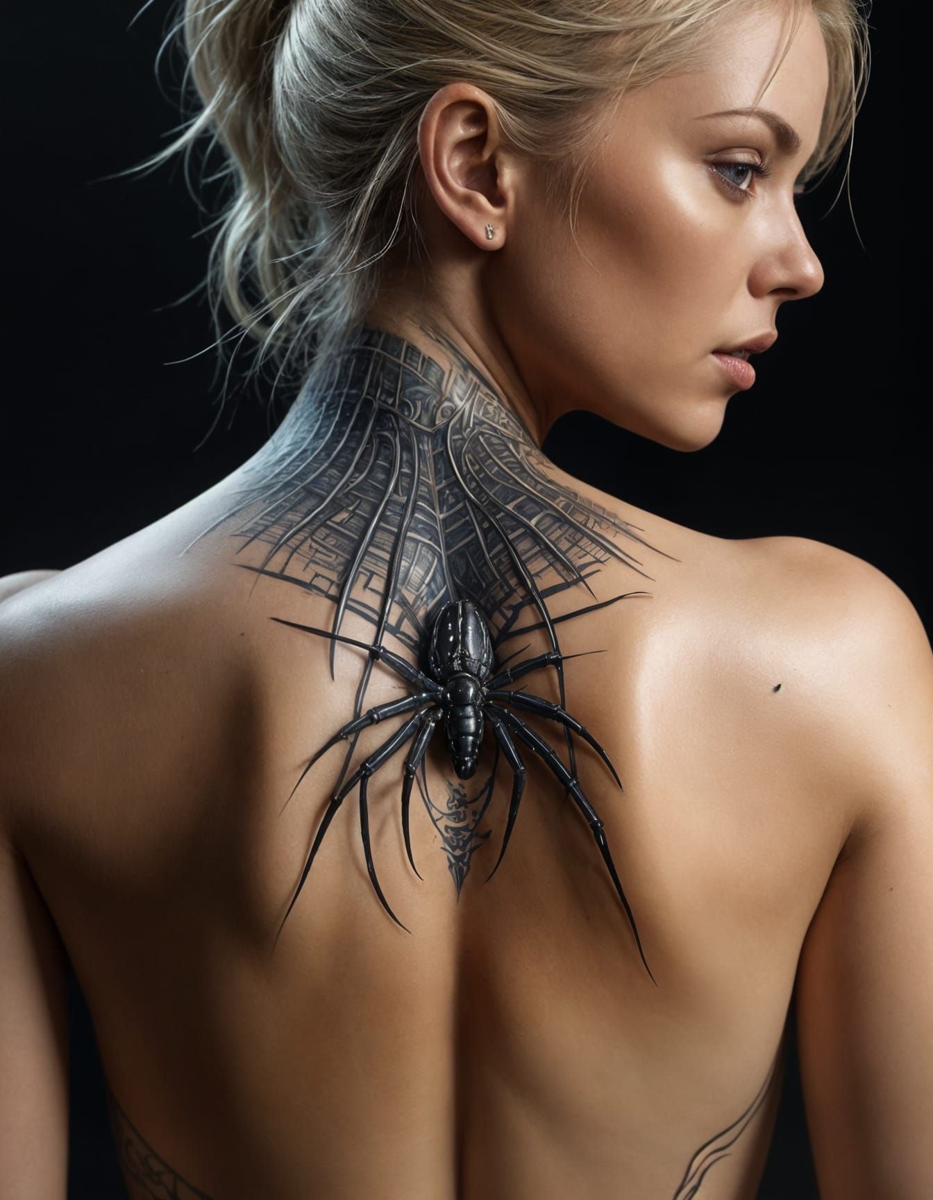 Biomechanical Spider Tattoo in Dark Ambient Lighting