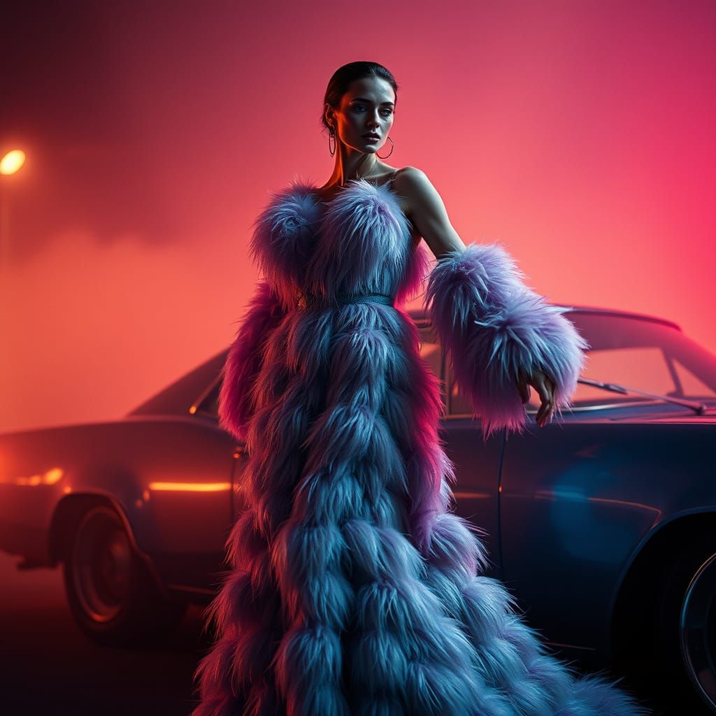 Ethereal Car Fur Gown in Moody, Cinematic Stance