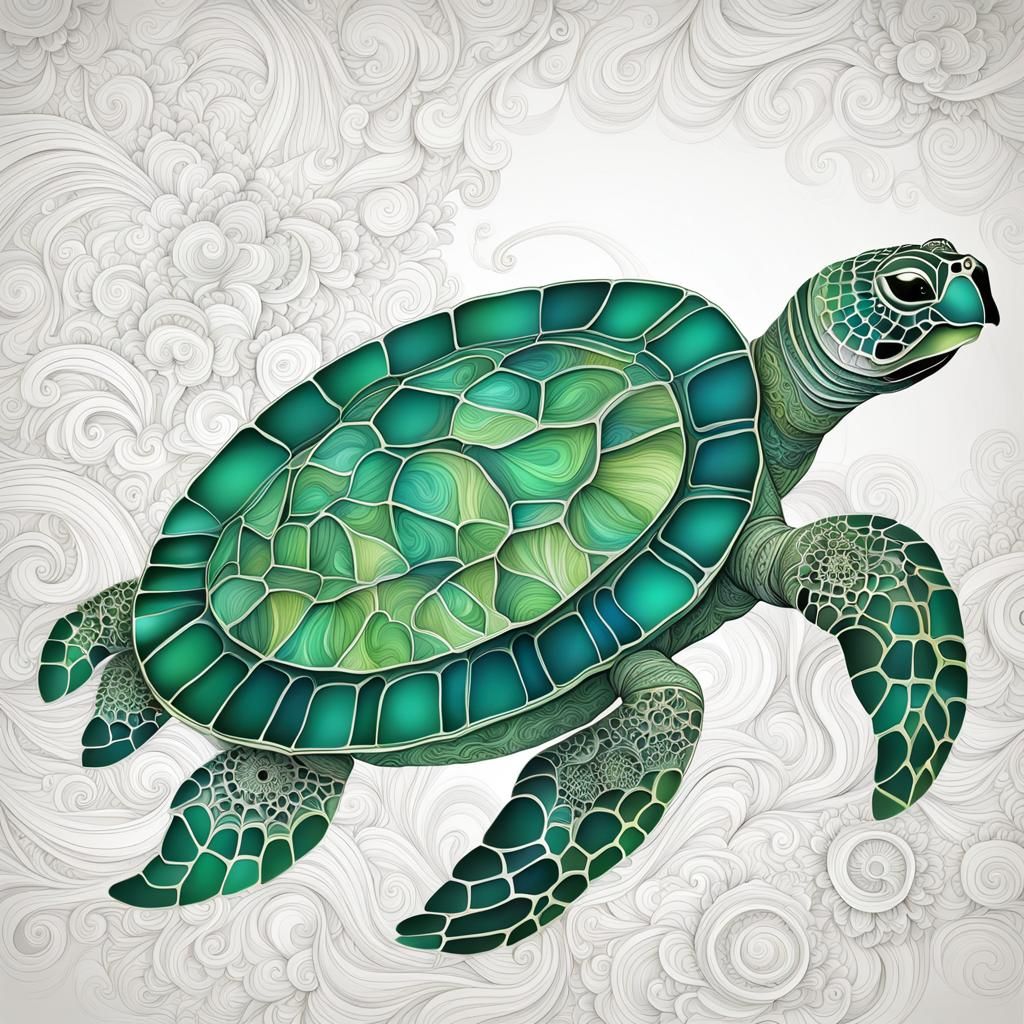 Turtle with Green Floral Shell in Abstract Style