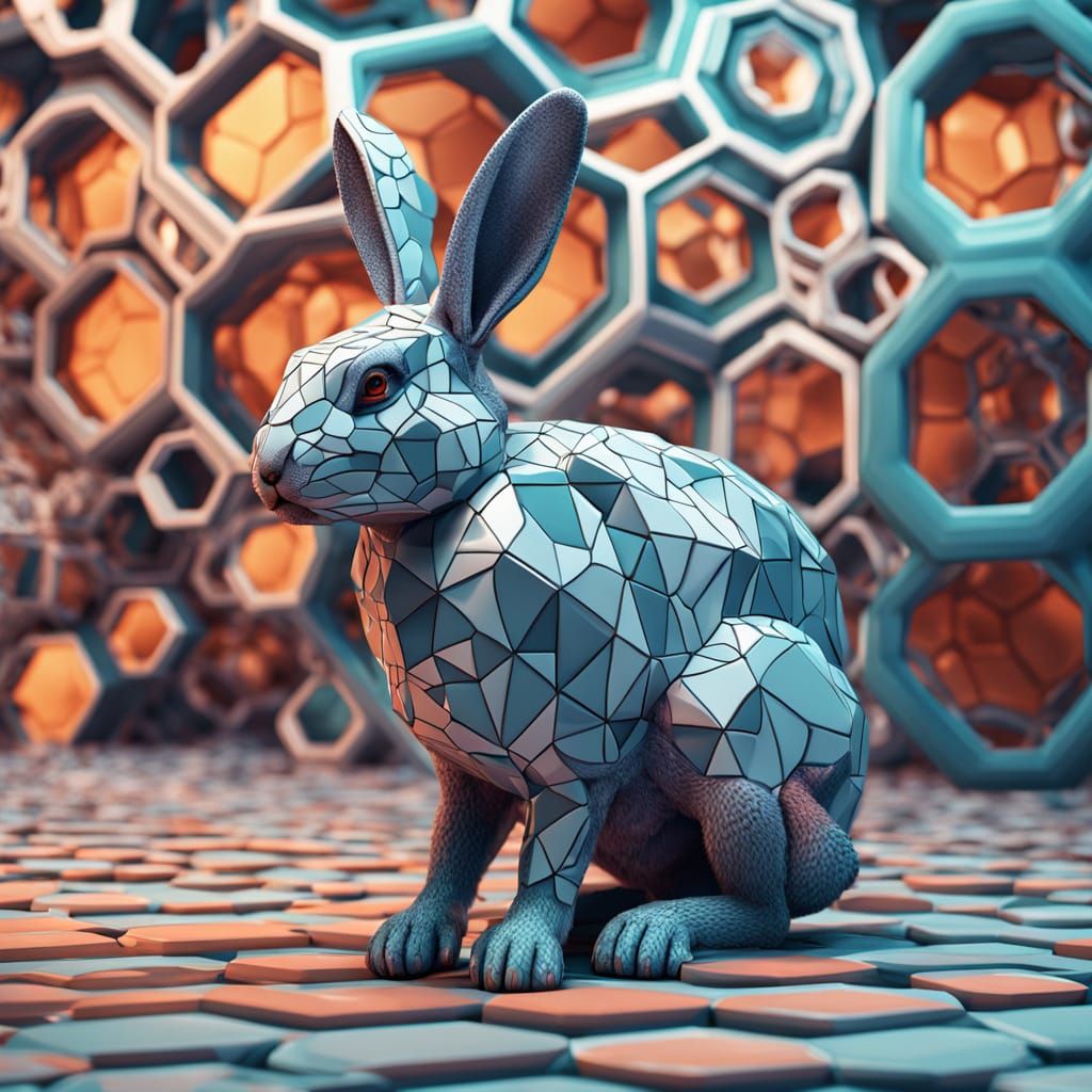 Surreal Rabbit Explores Hexagonal Structure in Hyperrealisti...