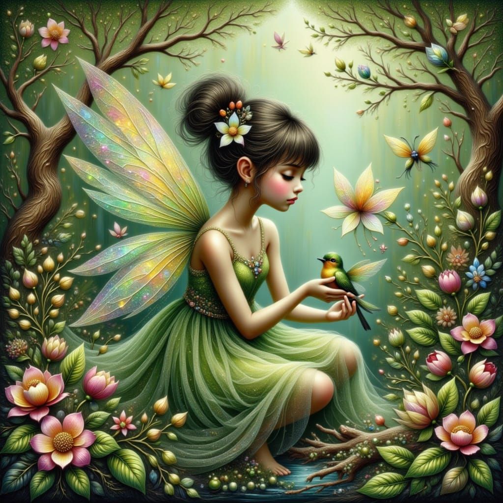 Fairy Woman Tenderly Holds Injured Bird in Whimsical Forest