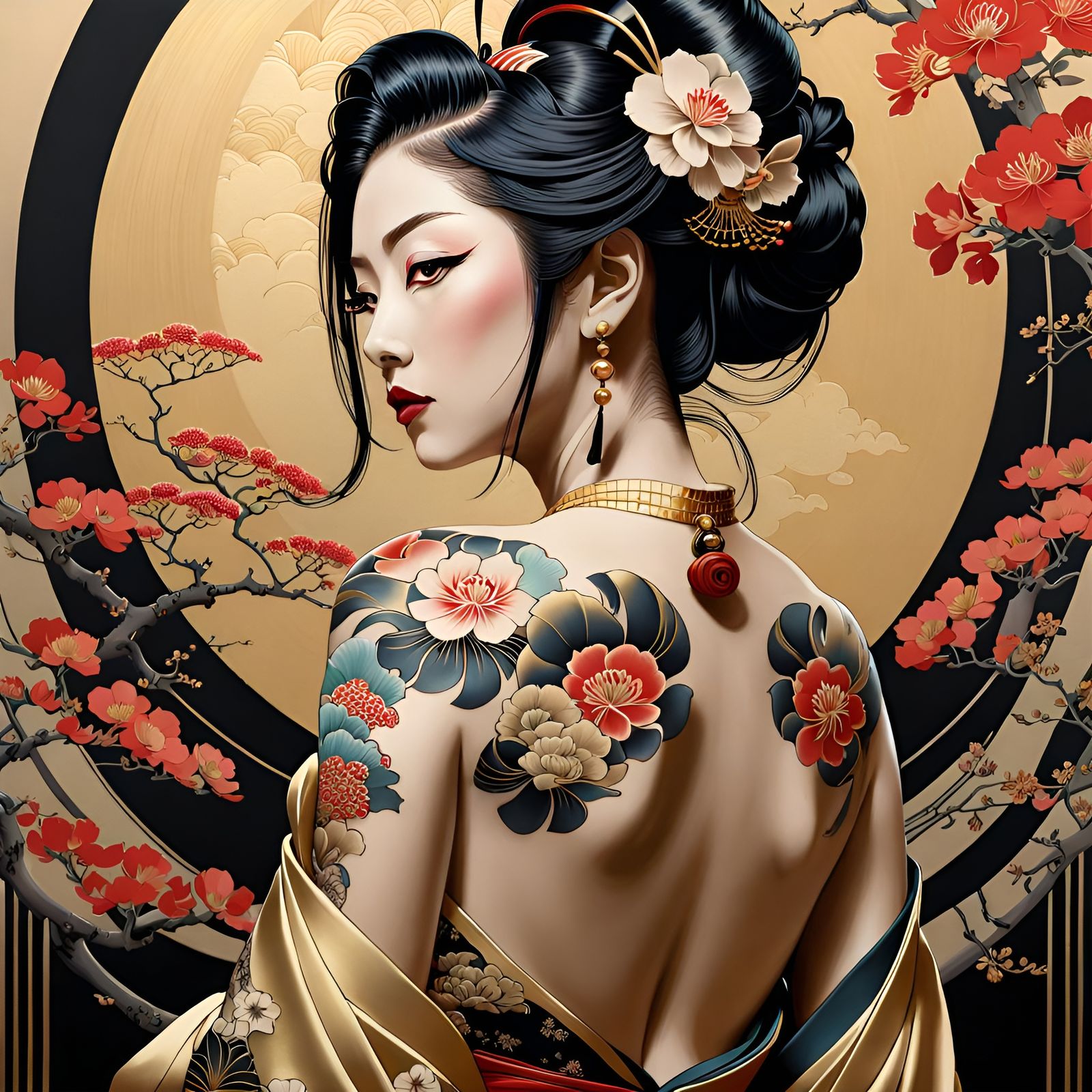 Geisha with Floral Tattoo: Japanese Art Nouveau Poster