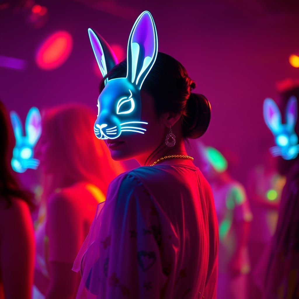 Glowing Rabbit Mask in Holographic Disco