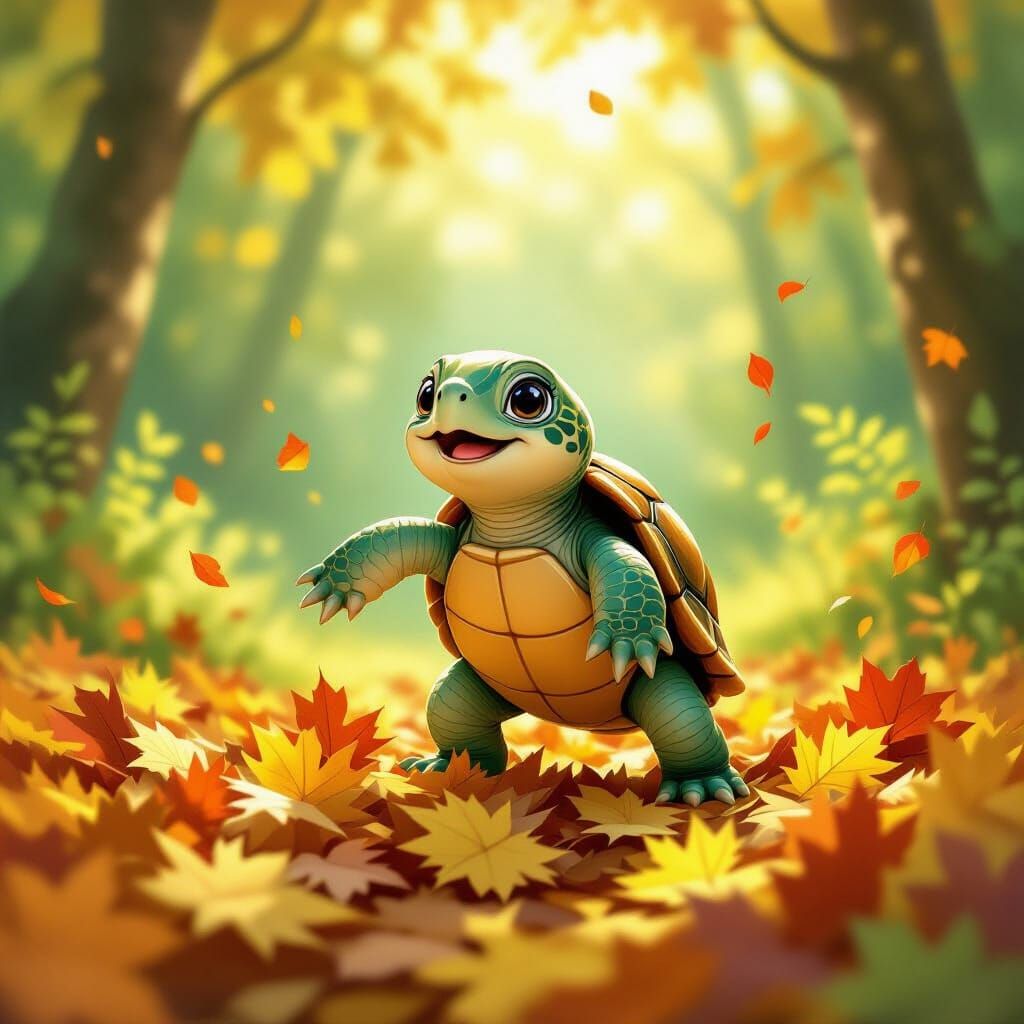 Cute Turtle Leaping Into Autumn Leaves in Forest