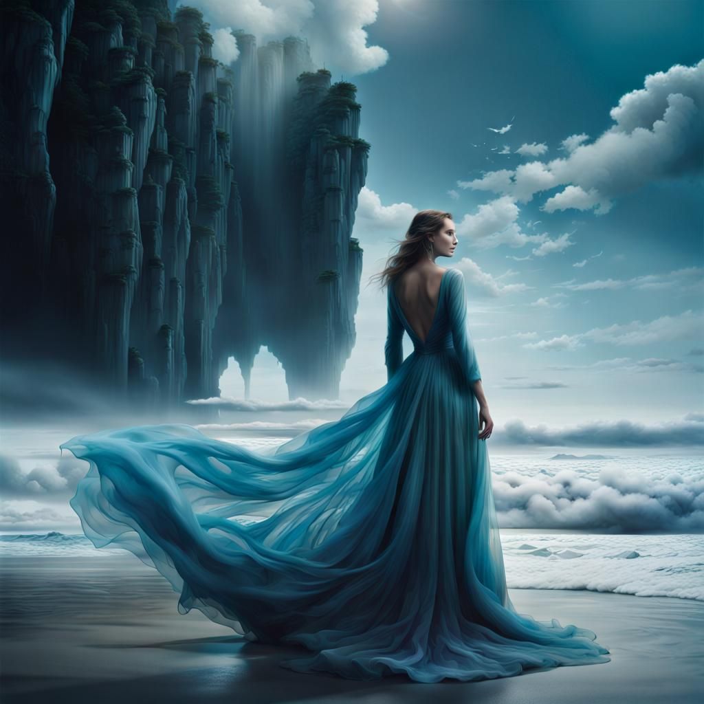 Ethereal Woman in Blue Sea Digital Painting