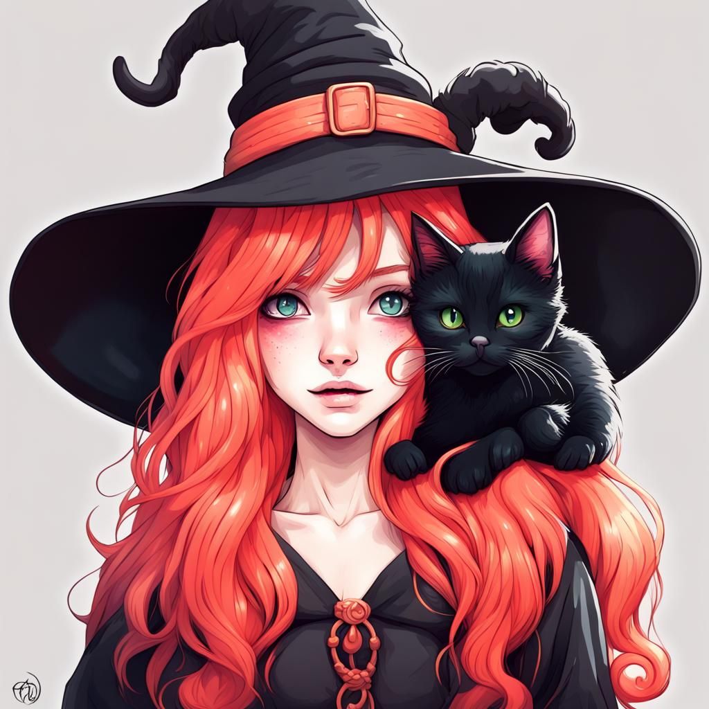Chibi Witch with Cat in Splash Art Style