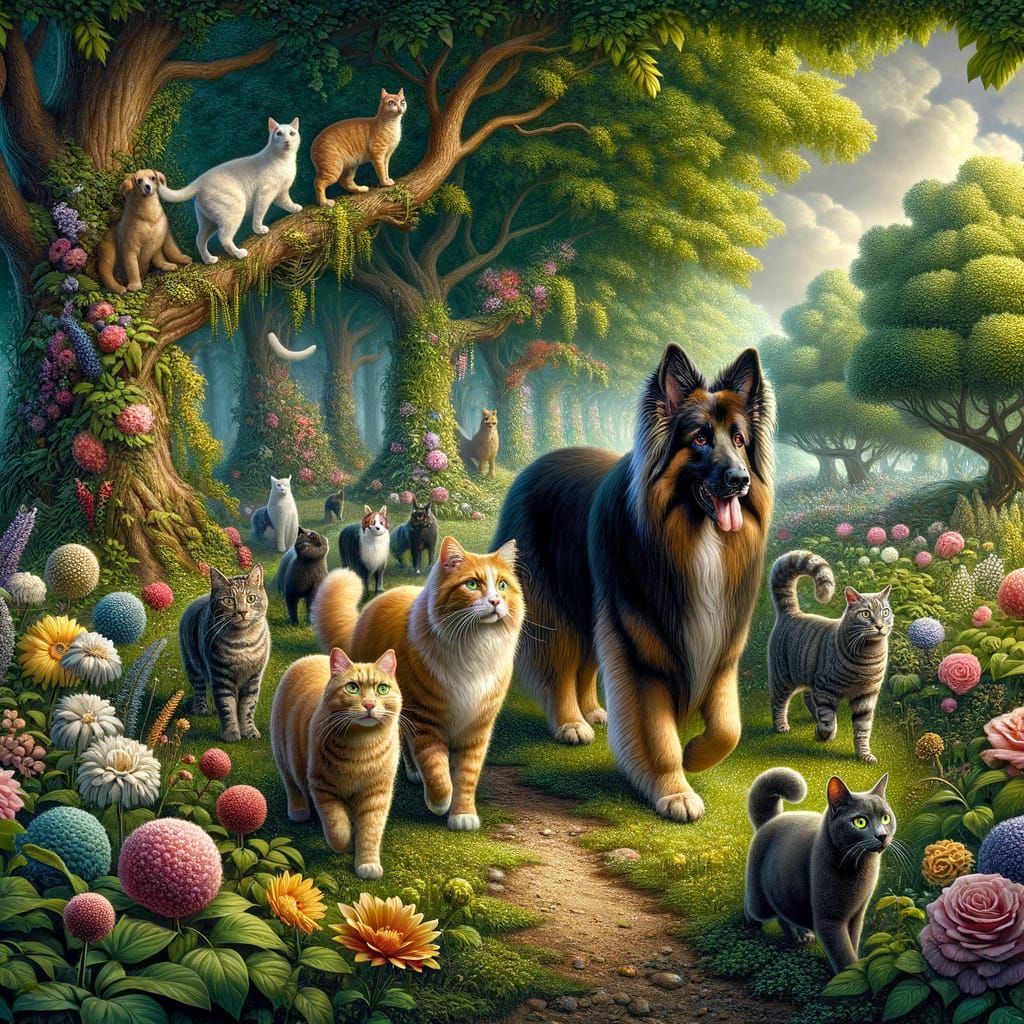 Austrian Shepherds Guide Diverse Cats to Enchanted Garden