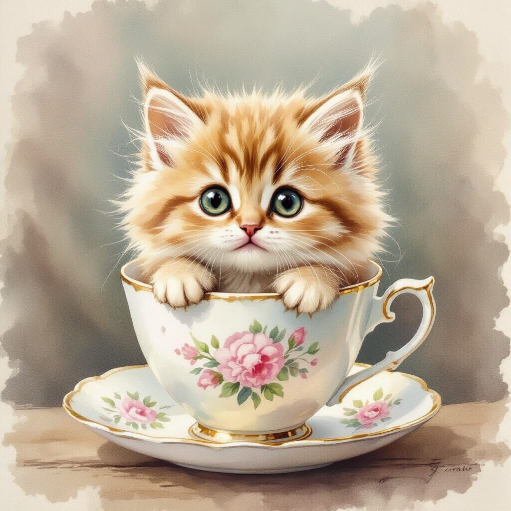 Adorable Fluffy Cat in Teacup, Gentle Watercolor Illustratio...