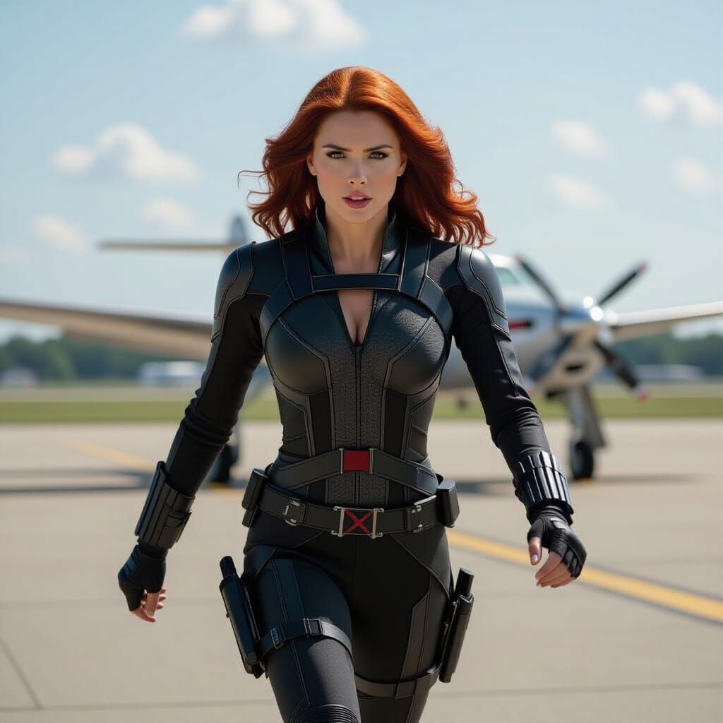 Super Heroine Inspired by Black Widow Runs Towards Plane