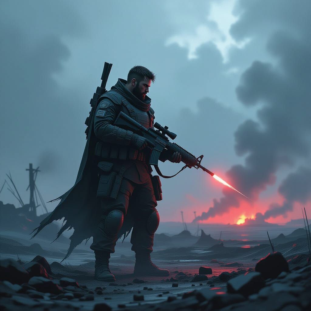 Grizzled Soldier on Desolate Battlefield with Futuristic Rif...