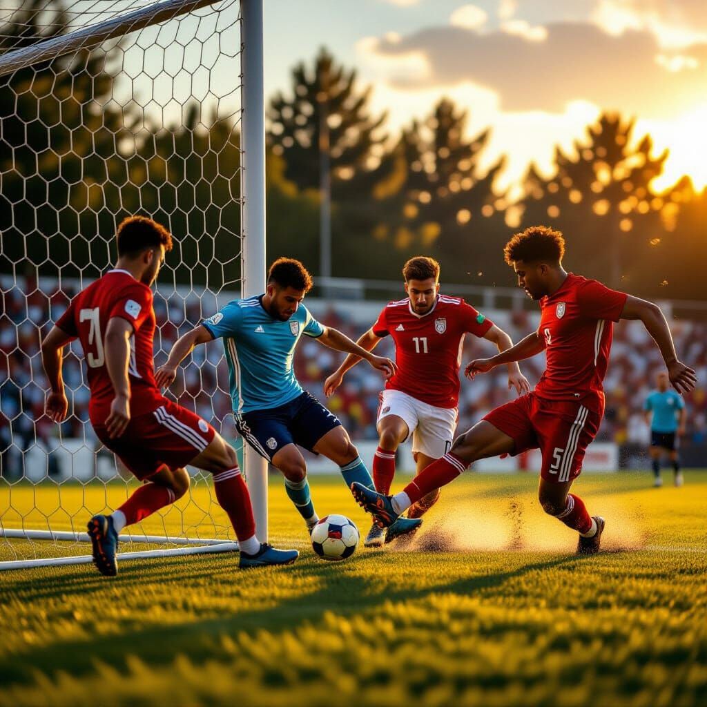 Six Soccer Players Score Goal in Dynamic Golden Hour Lightin...