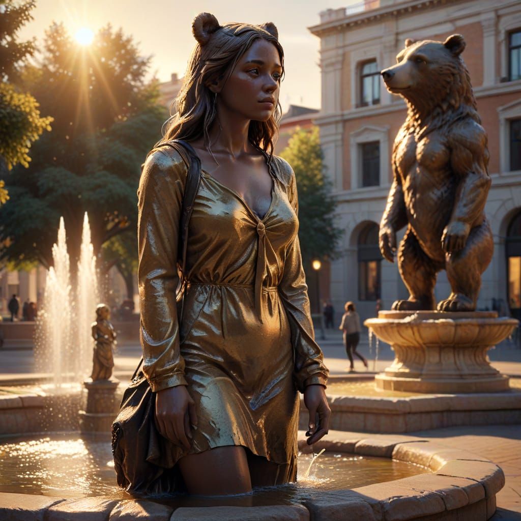 Young Woman Near Fountain at Sunset