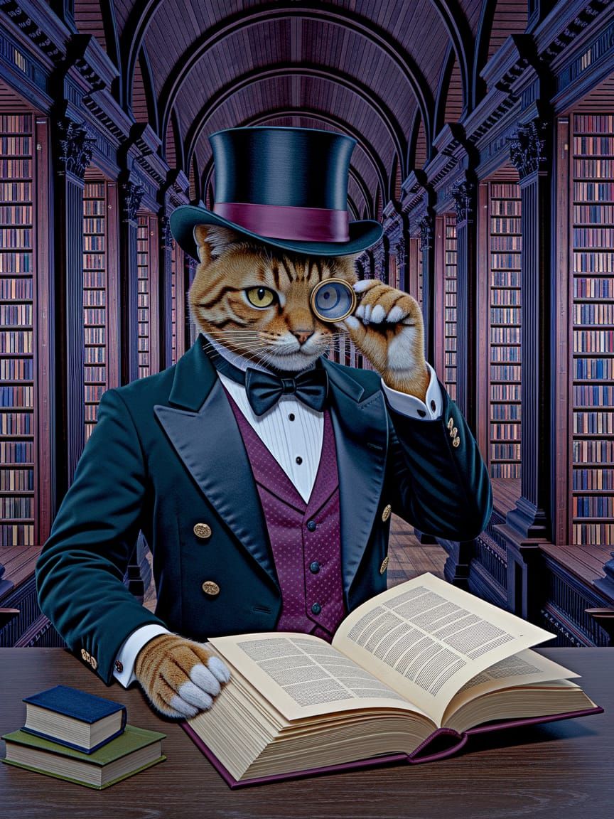 Sophisticated Feline Scholar in a Grand Library