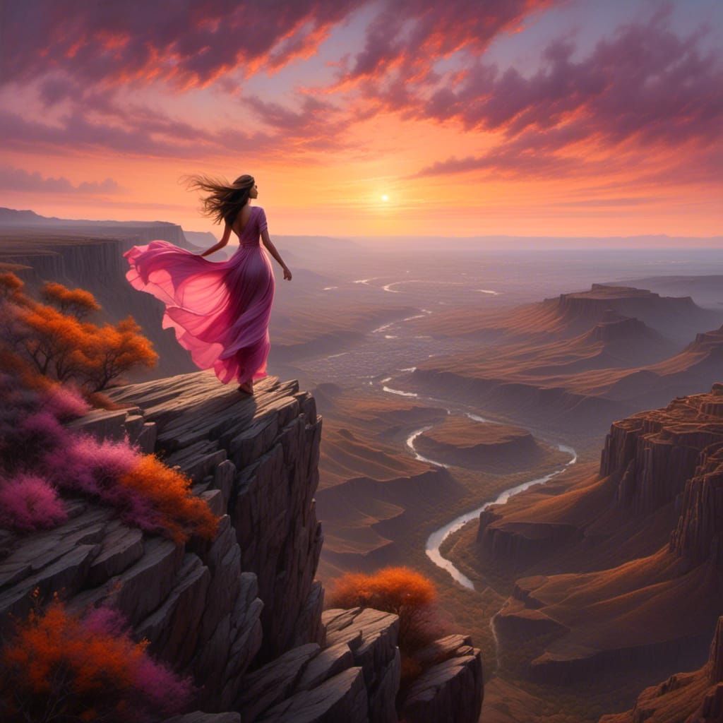 Woman Embracing Freedom at Sunset, Pencil Art