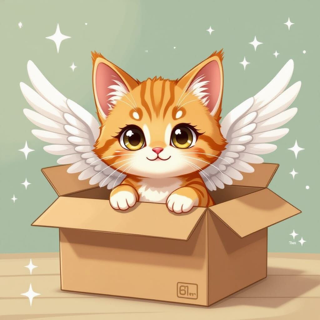 Cute Chibi Angel Cat Playing in a Box