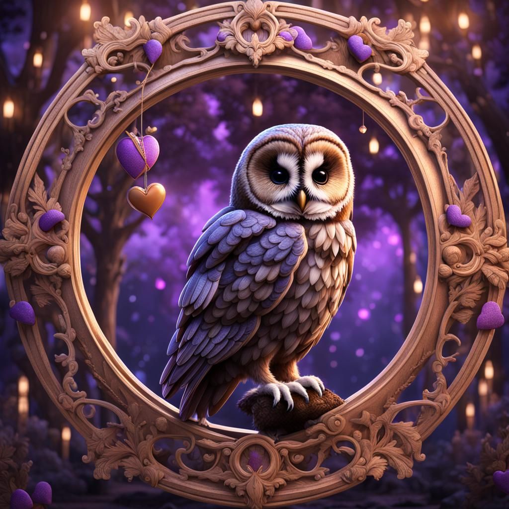 Tawny Owl with Heart in Dreamy Night Wood
