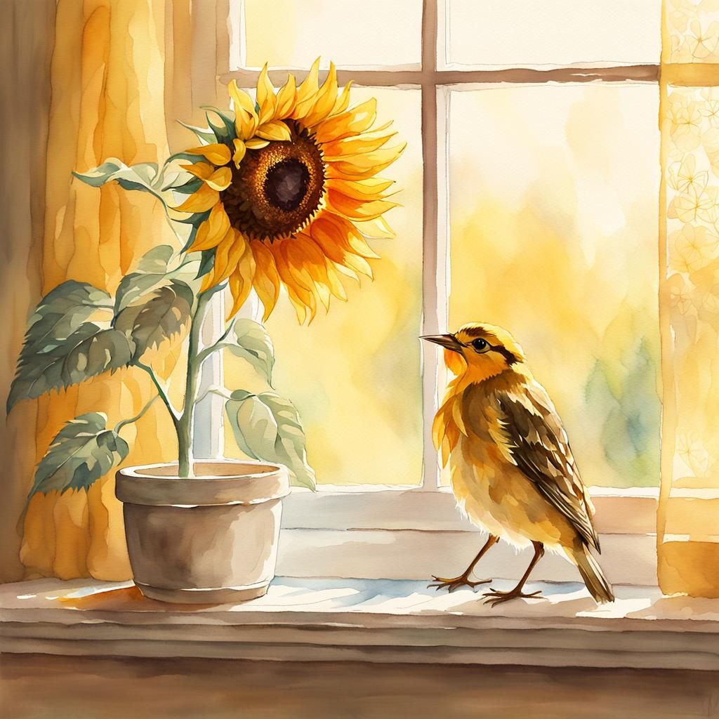 Watercolor Sunflower Bird on Windowsill