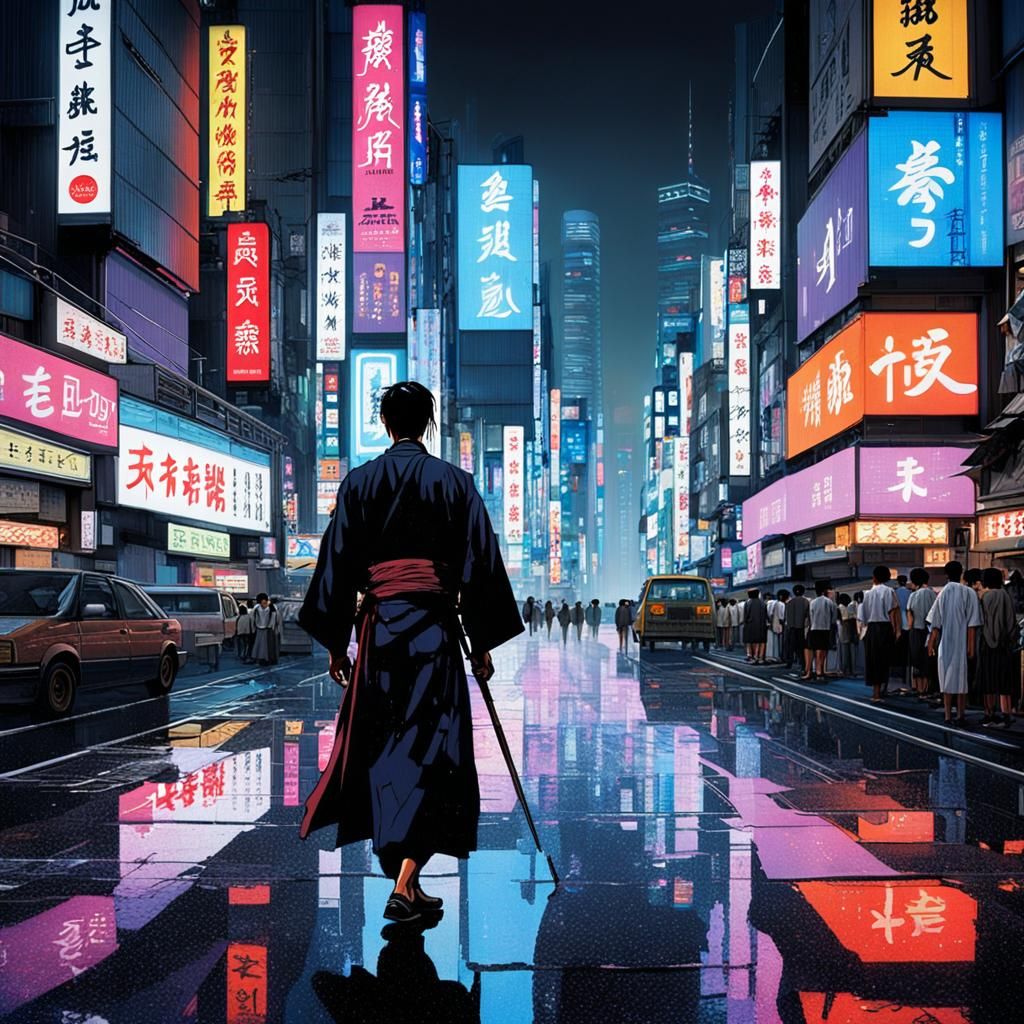 Cyberpunk Street Samurai in Neon Tokyo