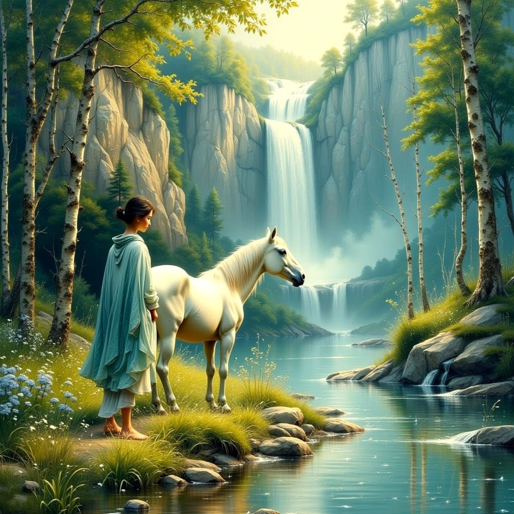 Woman and Horse Under Waterfall in Encaustic Oil Style