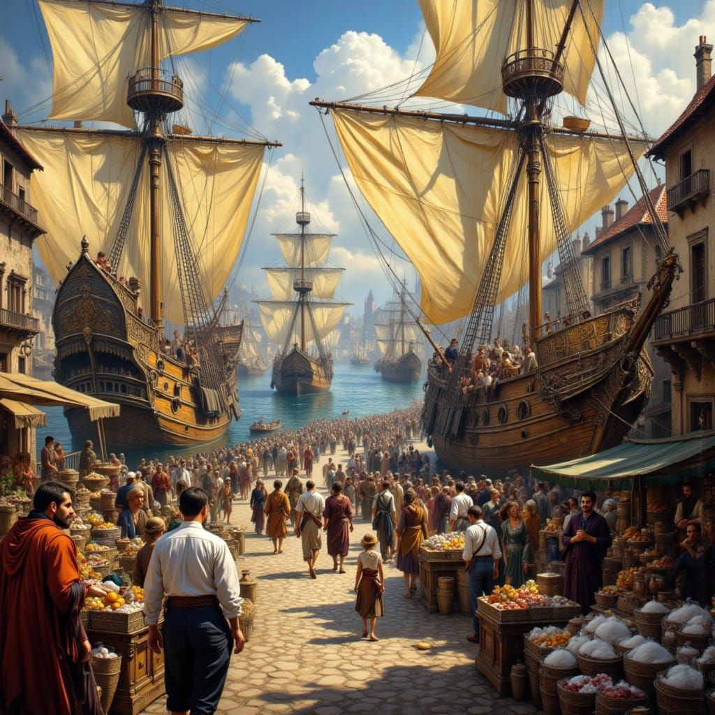 Bustling Ancient Port in Organic Impasto Style