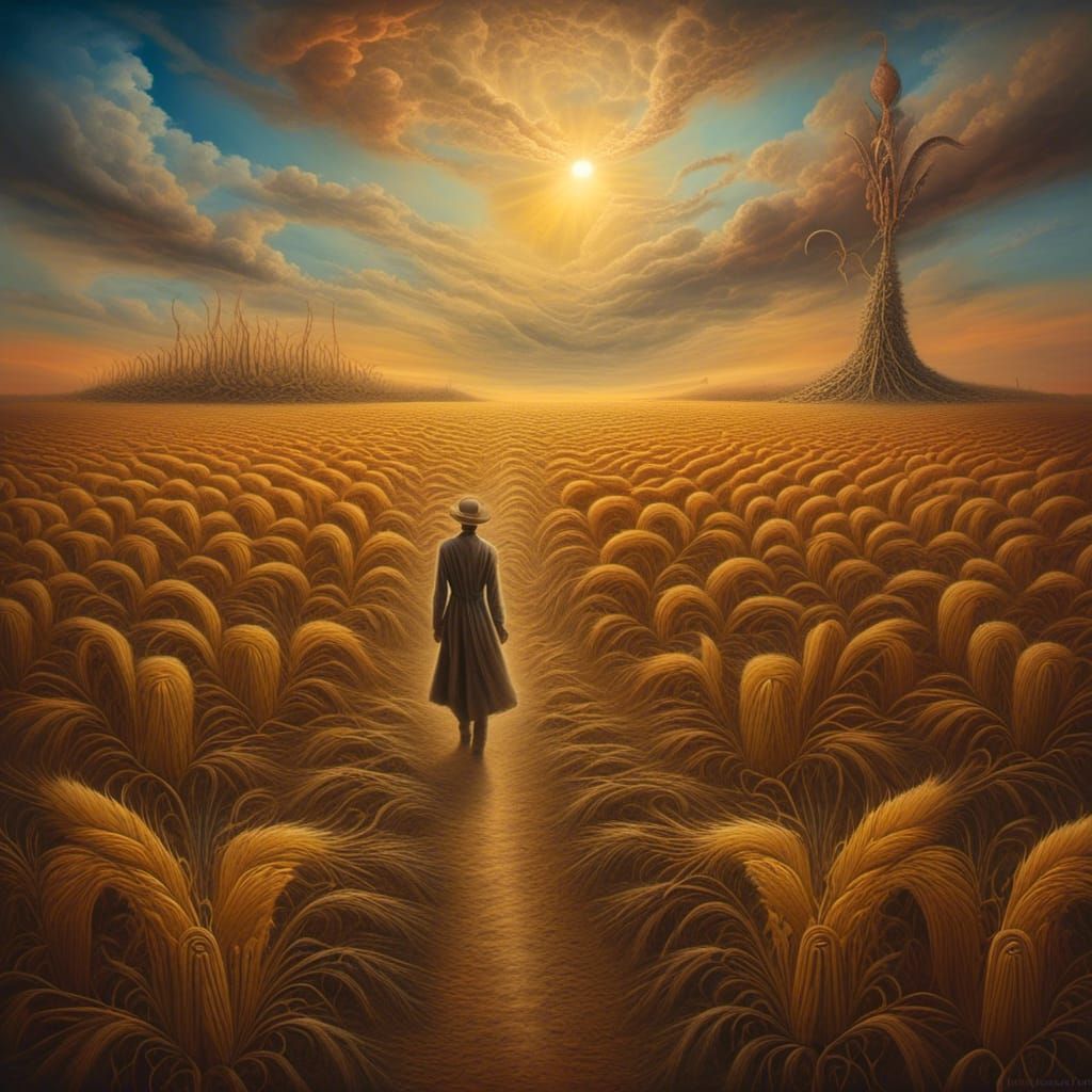 Lone Figure in Surreal Cornfield Oil Painting