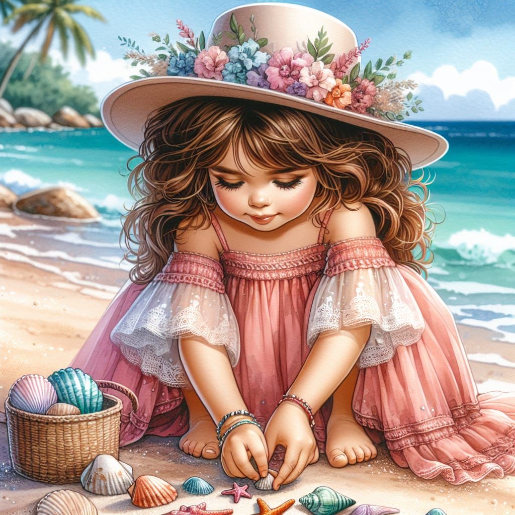 Girl on Beach with Seashells in Watercolor Style