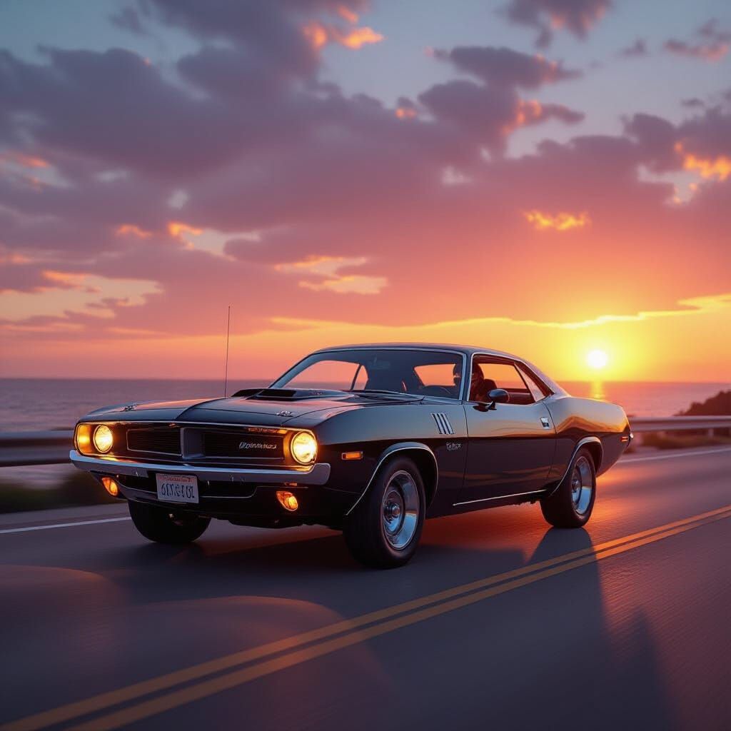 1970 Plymouth Barracuda on Sunset Coastal Highway