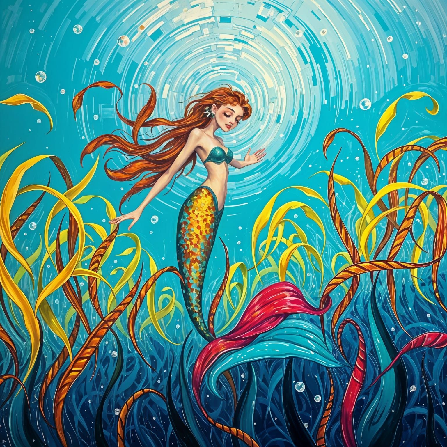 Mermaid in Neo-Impressionist Oil Painting