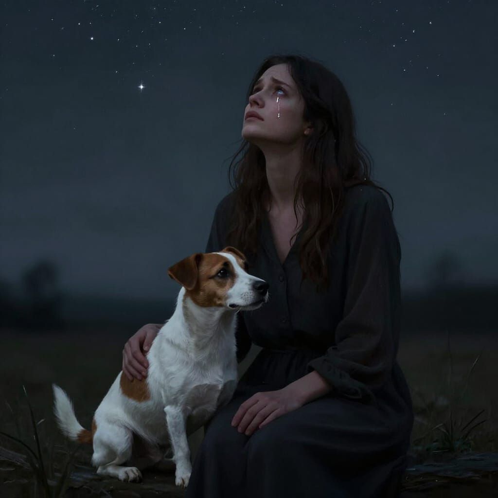 Woman and Dog in Starry Night Sky