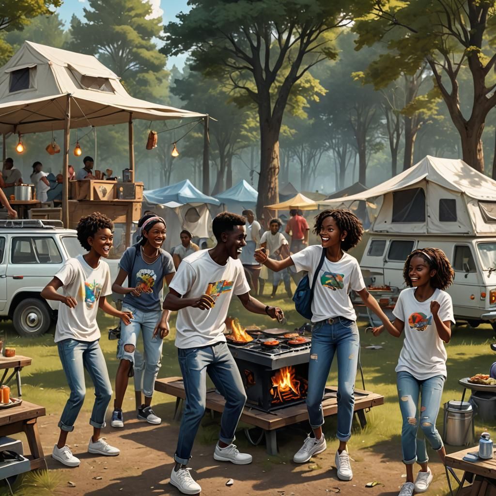 Campers Dancing at Campsite: Anime Style, Detailed Matte Pai...