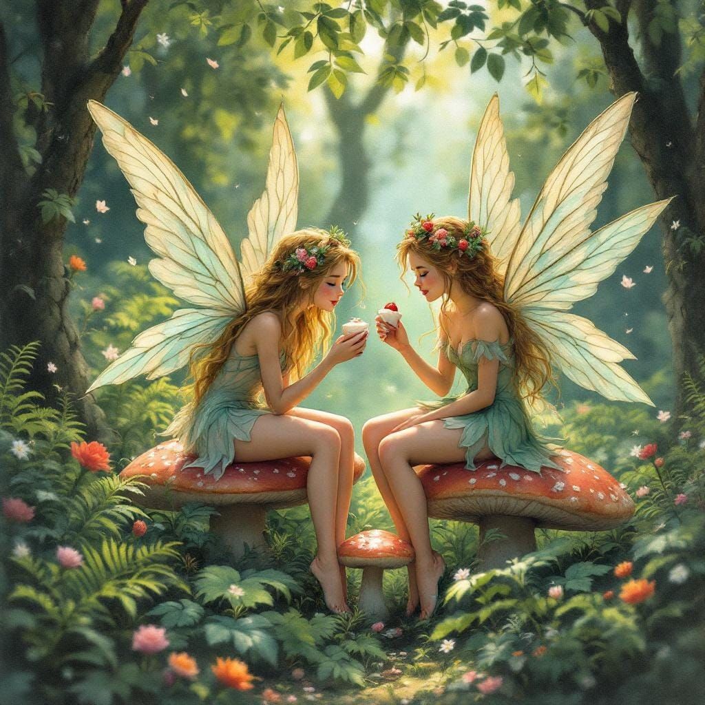 Fairies in Enchanted Forest Enjoying Strawberries as Gouache...
