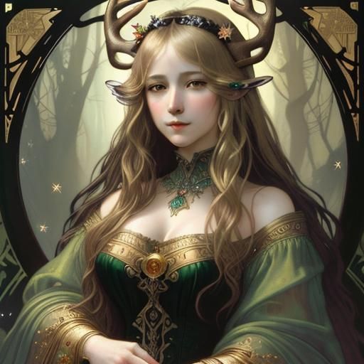 Gothic Venus with Golden Halo and Stag Antlers