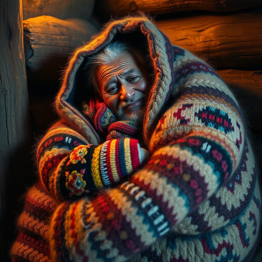 Himalayan Man Hiding in Oversized Knitted Sweater